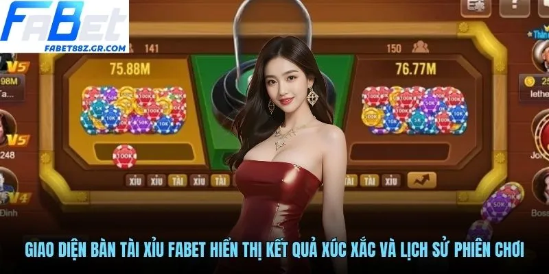 Giao diện bàn tài xỉu FABET hiển thị kết quả xúc xắc và lịch sử phiên chơi